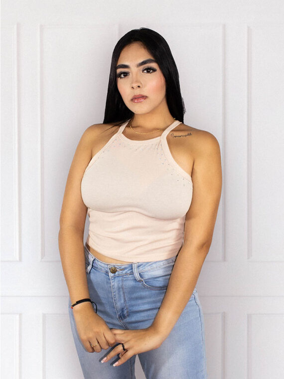 Blusa Estilo Crop Top Aplique de Piedras